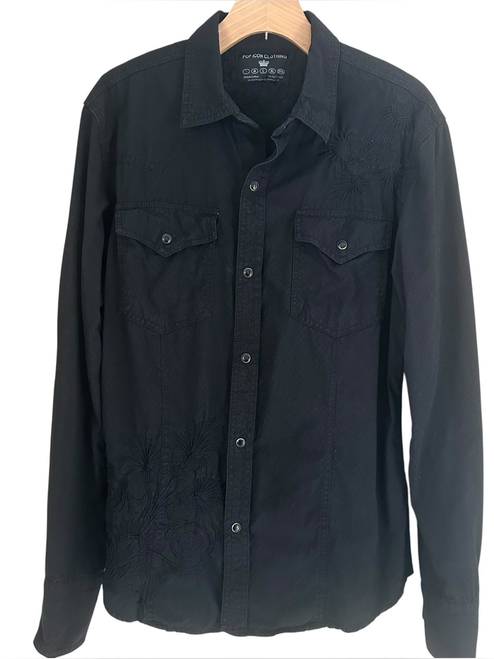 Pop Icon Pearl Snap Western Black on Black Embroidered Textured Shirt Mens Small